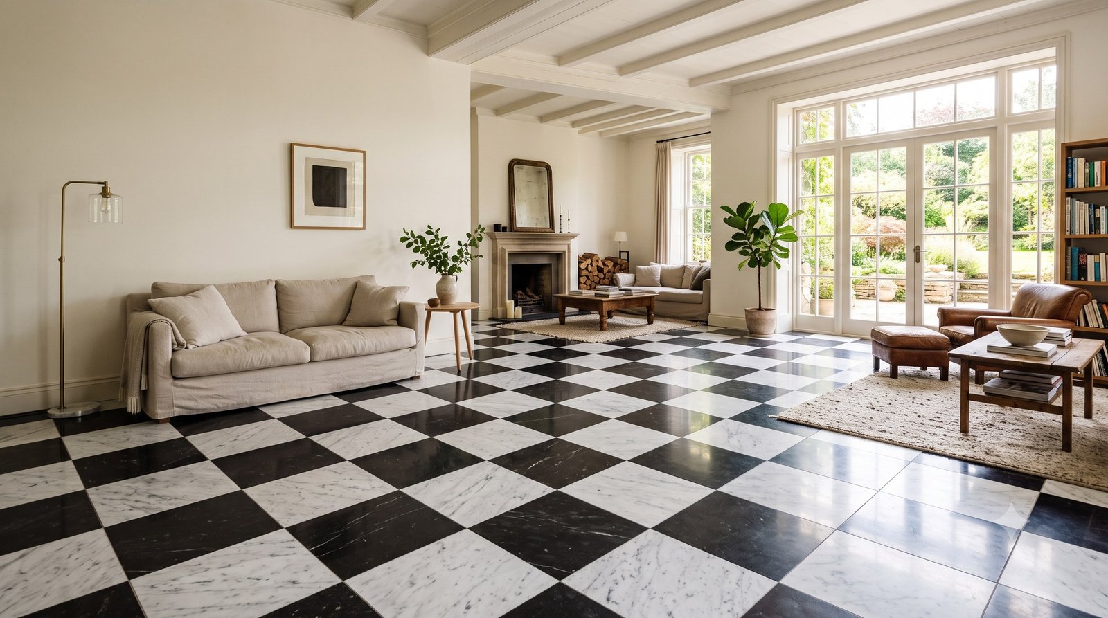 Chequerboard marble floor in a naturally lit living room